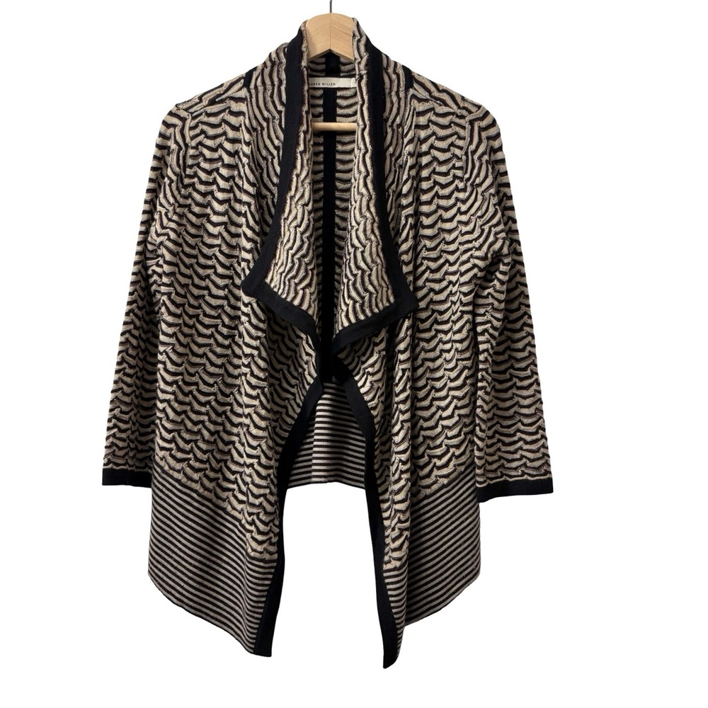 Karen Millen waterfall Open cardigan black beige zigzag knit Pattern 100% Wool 4